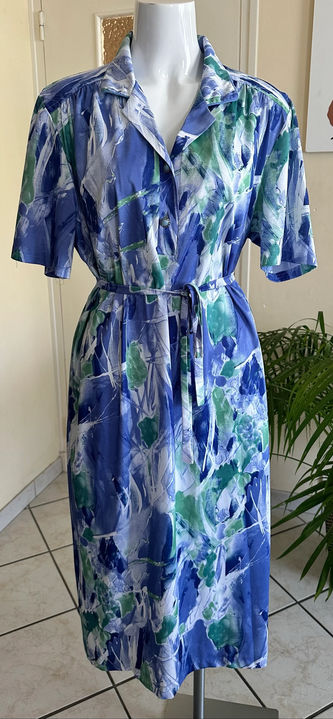 Robe Vintage avec Ceinture Assortie T48/50 – État Irréprochable – Bleu & Vert
